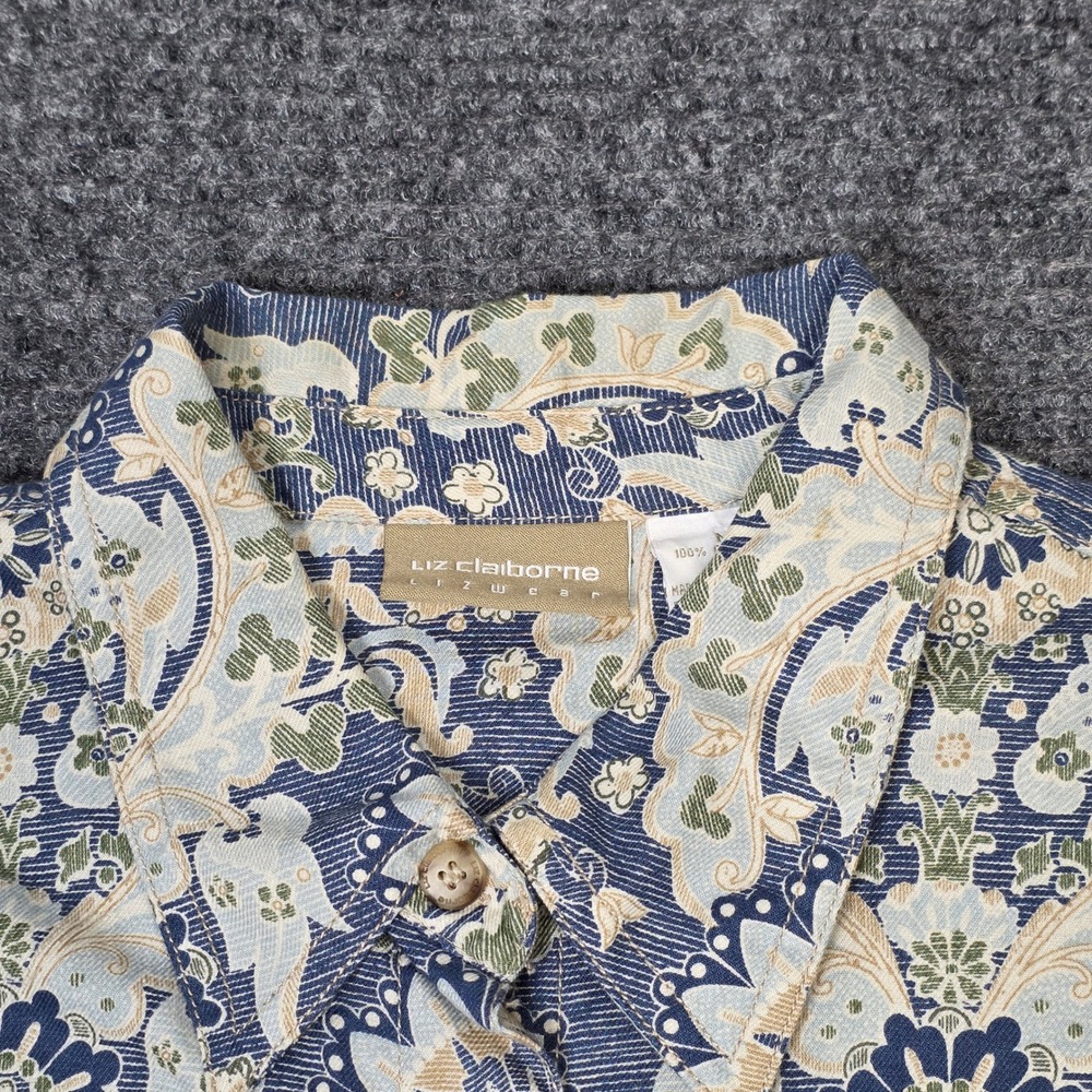 Liz Claiborne Lizwear Button Front Shirt Womens Size M Blue Floral Damask Cotton - Picture 9 of 9